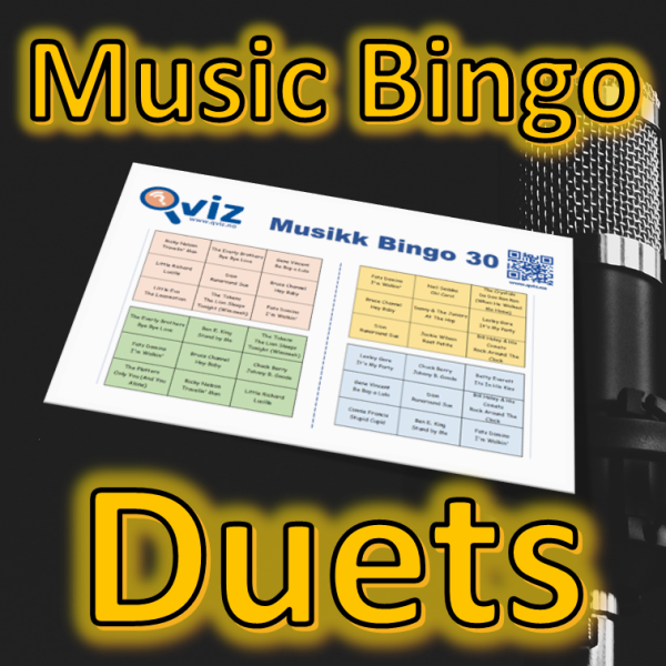 Musikkbingo med 30 sanger hvor alle sangene er duetter. Du får med PDF fil med 100 bingobrett og link til Spotify spilleliste.