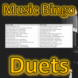 Musikkbingo med 30 sanger hvor alle sangene er duetter. Du får med PDF fil med 100 bingobrett og link til Spotify spilleliste.