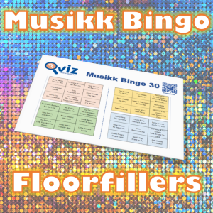 Musikkbingo med 30 skikkelige floorfillers som får deg til å danse. Du får med PDF fil med 100 bingobrett og link til Spotify spilleliste.