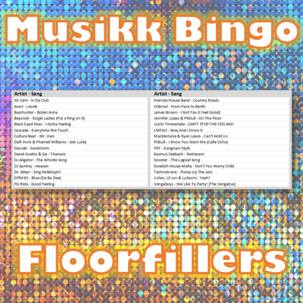 Musikkbingo med 30 skikkelige floorfillers som får deg til å danse. Du får med PDF fil med 100 bingobrett og link til Spotify spilleliste.