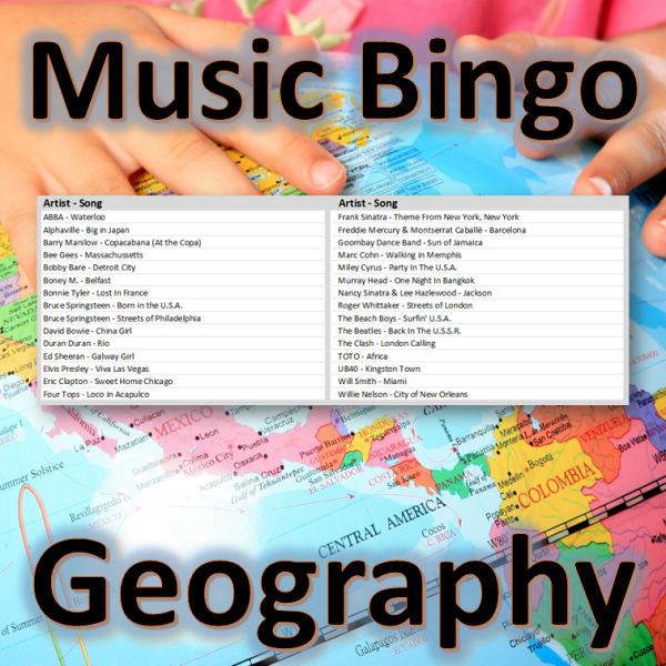 I denne musikkbingoen får du en spilleliste med 30 internasjonale sanger som alle har et stedsnavn i tittelen. Du får med PDF fil med 100 bingobrett og link til Spotify spilleliste.