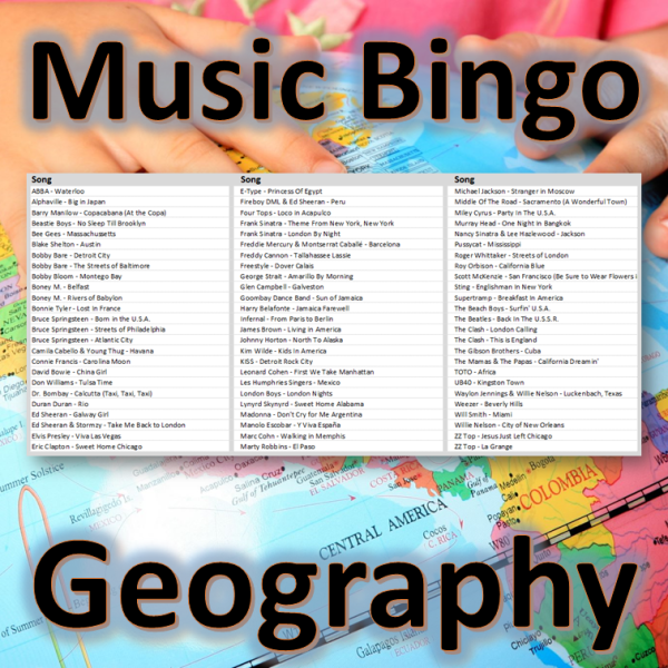I denne musikkbingoen får du en spilleliste med 75 internasjonale sanger som alle har et stedsnavn i tittelen. Du får med PDF fil med 100 bingobrett og link til Spotify spilleliste.