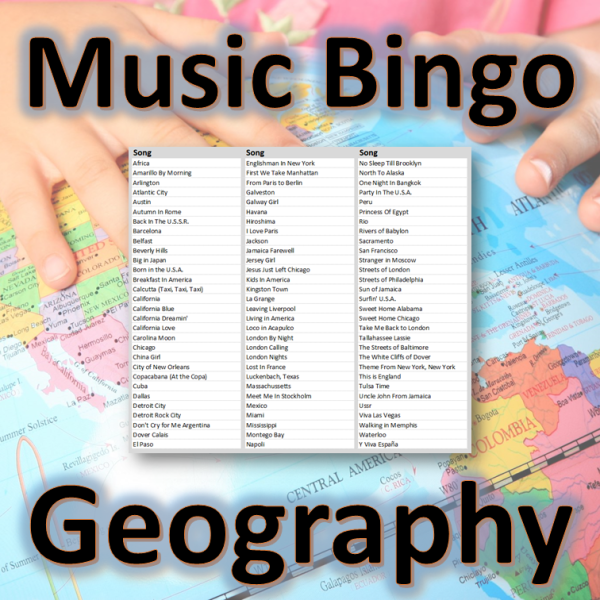 I denne musikkbingoen får du en spilleliste med 90 internasjonale sanger som alle har et stedsnavn i tittelen. Du får med PDF fil med 100 bingobrett og link til Spotify spilleliste.