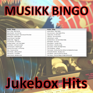 Musikk bingo med de største av de største jukebox slagerne. Du får med PDF fil med 100 bingobrett og link til Spotify spilleliste.