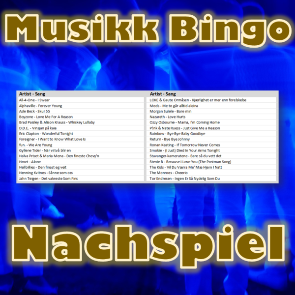 Musikkbingo med 30 låter som får deg i god nachspiel stemning. Du får med PDF fil med 100 bingobrett og link til Spotify spilleliste.