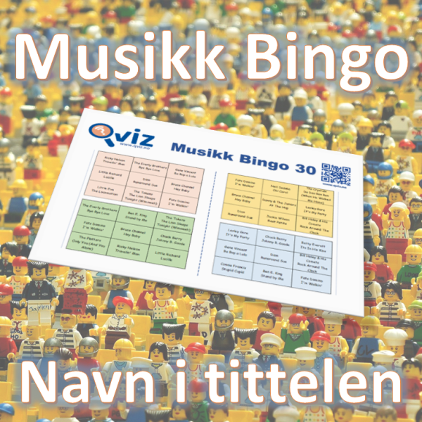 I denne musikkbingoen får du en spilleliste med stort sett 30 norske sanger som alle har et navn i tittelen. Du får med PDF fil med 100 bingobrett og link til Spotify spilleliste.
