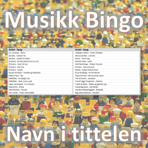 I denne musikkbingoen får du en spilleliste med stort sett 30 norske sanger som alle har et navn i tittelen. Du får med PDF fil med 100 bingobrett og link til Spotify spilleliste.