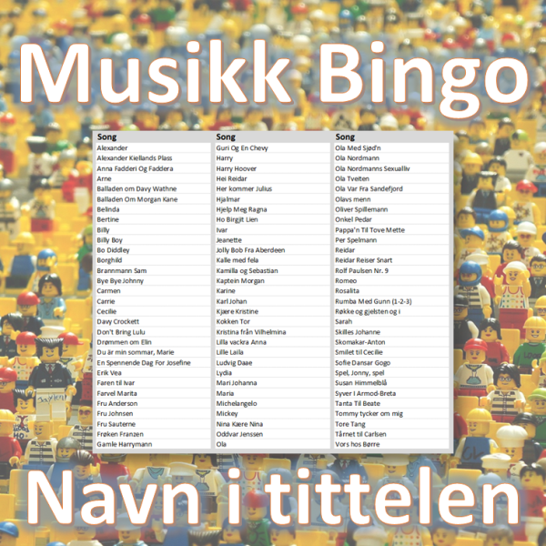 I denne musikkbingoen får du en spilleliste med stort sett 90 norske sanger som alle har et navn i tittelen. Du får med PDF fil med 100 bingobrett og link til Spotify spilleliste.