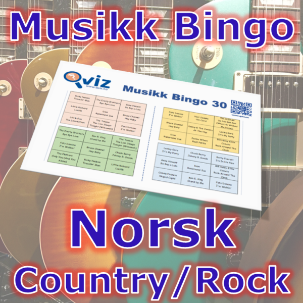 Musikkbingo med 30 norske country/rock sanger. Du får med PDF fil med 100 bingobrett og link til Spotify spilleliste.
