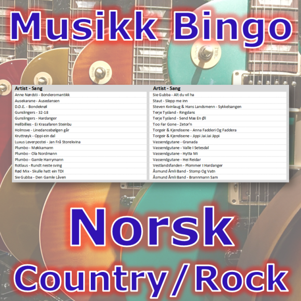Musikkbingo med 30 norske country/rock sanger. Du får med PDF fil med 100 bingobrett og link til Spotify spilleliste.