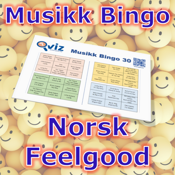 Musikkbingo med 30 norske feelgood sanger som får frem den gode stemningen. Du får med PDF fil med 100 bingobrett og link til Spotify spilleliste.