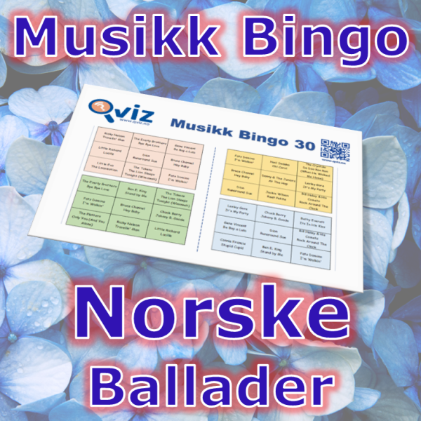 Musikkbingo med 30 norske ballader som får frem den rolige og gode stemningen. Du får med PDF fil med 100 bingobrett og link til Spotify spilleliste.
