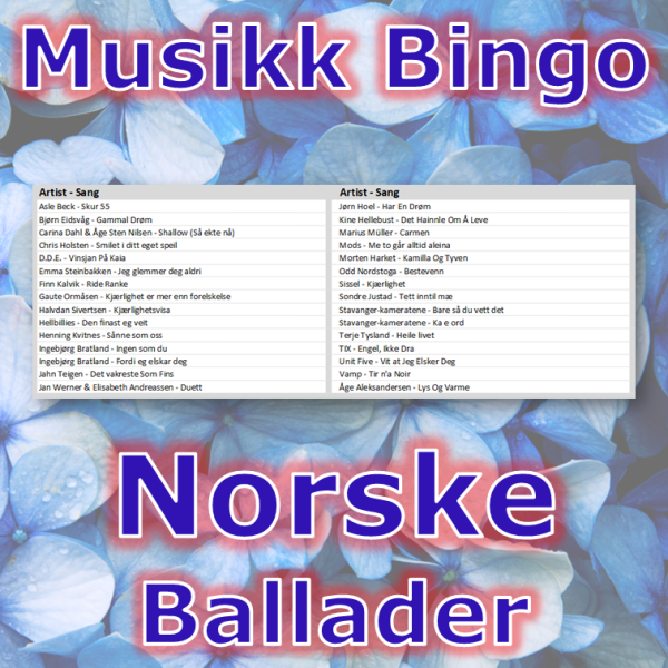 Musikkbingo med 30 norske ballader som får frem den rolige og gode stemningen. Du får med PDF fil med 100 bingobrett og link til Spotify spilleliste.