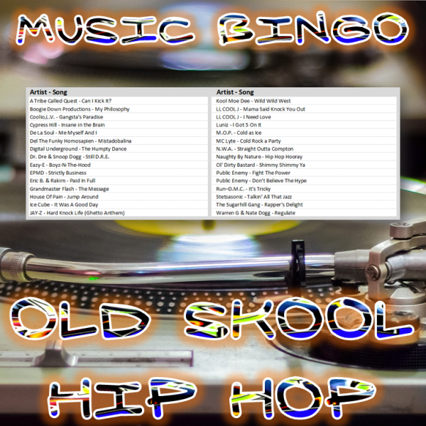 Musikkbingo med 30 old skool hip hop sanger. Du får med PDF fil med 100 bingobrett og link til Spotify spilleliste.