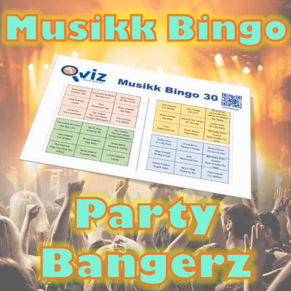 Musikkbingo med 30 skikkelige party bangerz som får deg i god stemning. Du får med PDF fil med 100 bingobrett og link til Spotify spilleliste.
