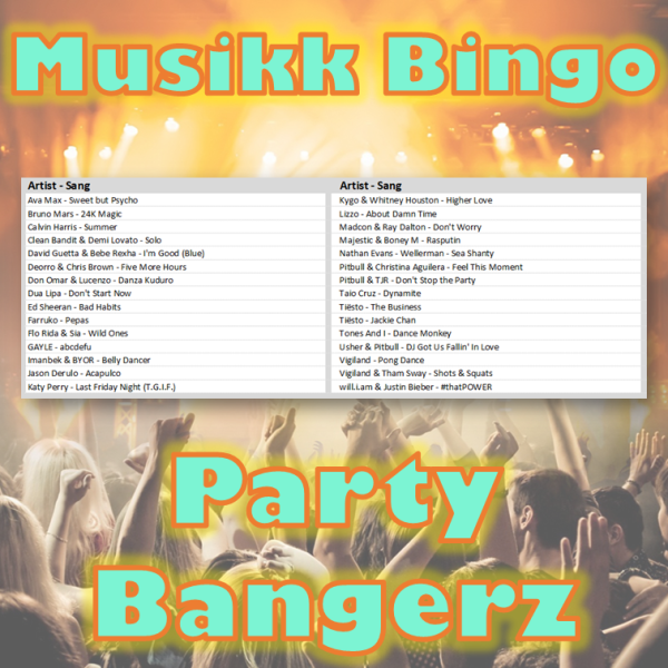 Musikkbingo med 30 skikkelige party bangerz som får deg i god stemning. Du får med PDF fil med 100 bingobrett og link til Spotify spilleliste.