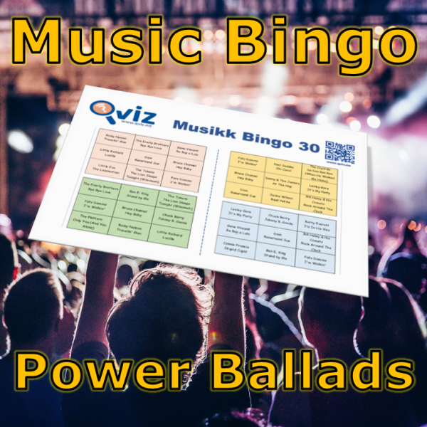 Musikkbingo med høy klinedans faktor der du får servert 30 power ballader. Du får med PDF fil med 100 bingobrett og link til Spotify spilleliste.