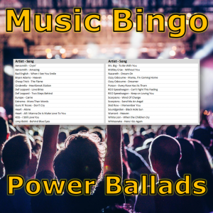 Musikkbingo med høy klinedans faktor der du får servert 30 power ballader. Du får med PDF fil med 100 bingobrett og link til Spotify spilleliste.