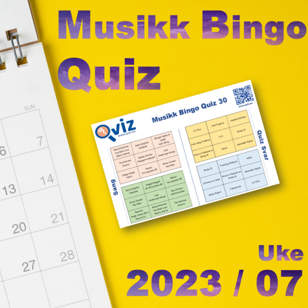 Musikkbingo kombinert med quiz. Variert musikk, med spørsmål til hver sang. Det vil bli lagt ut nytt produkt ukentlig. 30 sanger med 30 spørsmål.