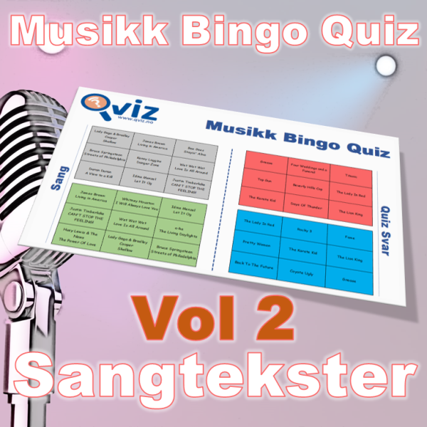 Kombinasjon av musikk bingo og quiz. Hvor godt kjent er sangtekstene, og klarer du å finne riktig sangtekst til riktig sang? Test dine gjesters kunnskaper innen musikk og se om de klarer å koble sang til riktig utdrag av sangteksten. Ypperlig aktivitet for selskapet.