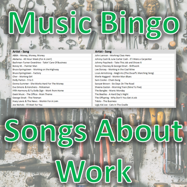 Musikkbingo med 30 sanger som alle har et eller annet om det å jobbe i tittelen. Du får med PDF fil med 100 bingobrett og link til Spotify spilleliste.