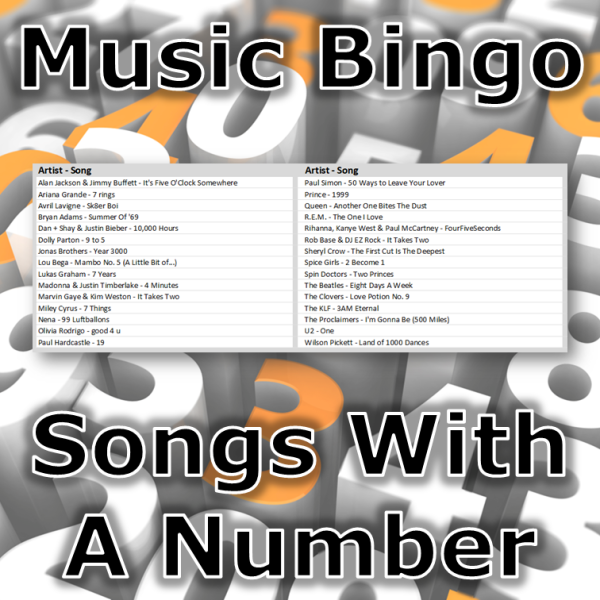 Musikkbingo med 30 sanger som alle har et tall i tittelen. Du får med PDF fil med 100 bingobrett og link til Spotify spilleliste.