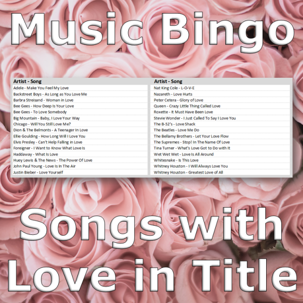 Musikkbingo med 30 sanger som alle har ordet "Love" i tittelen. Du får med PDF fil med 100 bingobrett og link til Spotify spilleliste.
