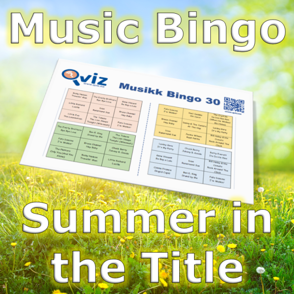 Musikkbingo med 30 sanger som alle har ordet "Summer" i tittelen. Du får med PDF fil med 100 bingobrett og link til Spotify spilleliste.