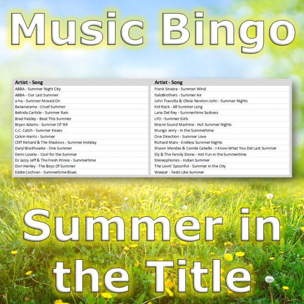 Musikkbingo med 30 sanger som alle har ordet "Summer" i tittelen. Du får med PDF fil med 100 bingobrett og link til Spotify spilleliste.