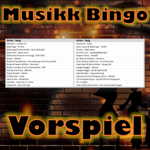 Musikkbingo med 30 skikkelige party låter som får deg i god stemning. Du får med PDF fil med 100 bingobrett og link til Spotify spilleliste.