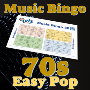 I denne musikk bingoen tar vi turen til 70 tallet og dette årtiets flotteste pop sanger. PDF fil med 100 bingobrett og link til Spotify spilleliste.