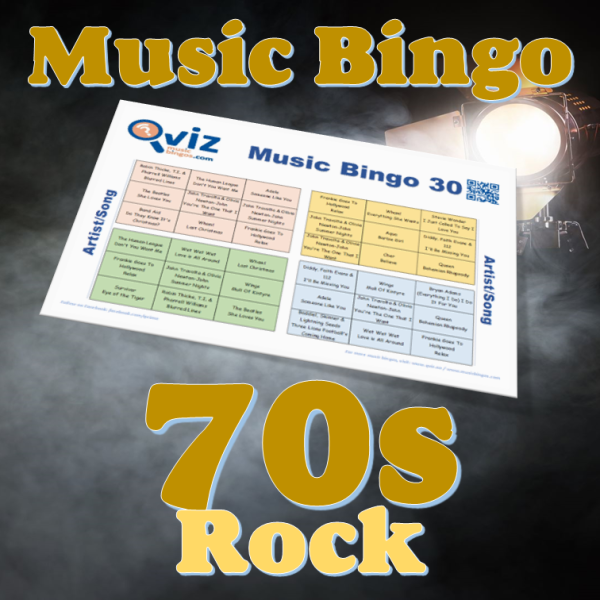 I denne musikk bingoen tar vi turen til 70 tallet og dette årtiets beste rock sanger. PDF fil med 100 bingobrett og link til Spotify spilleliste.