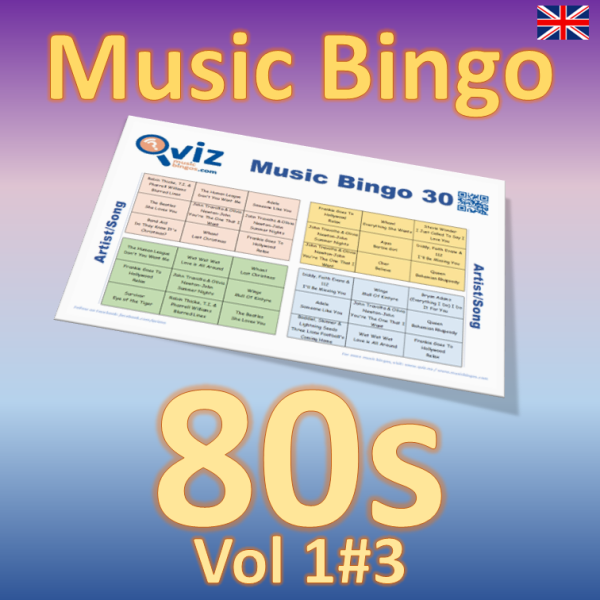 Musikk bingo med fokus på 80 tallet. Her får du servert 30 sanger fra tiåret. Du får med PDF fil med 100 bingobrett og link til Spotify spilleliste.