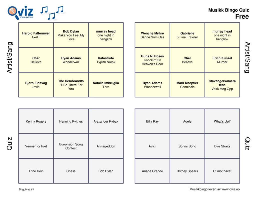 Eksempel musikk bingo 30 quiz bingobrett (ny versjon)