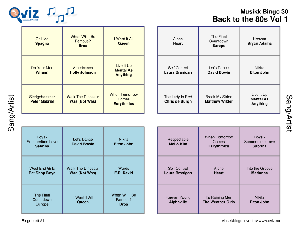 Eksempel musikk bingo 30 bingobrett (ny versjon)