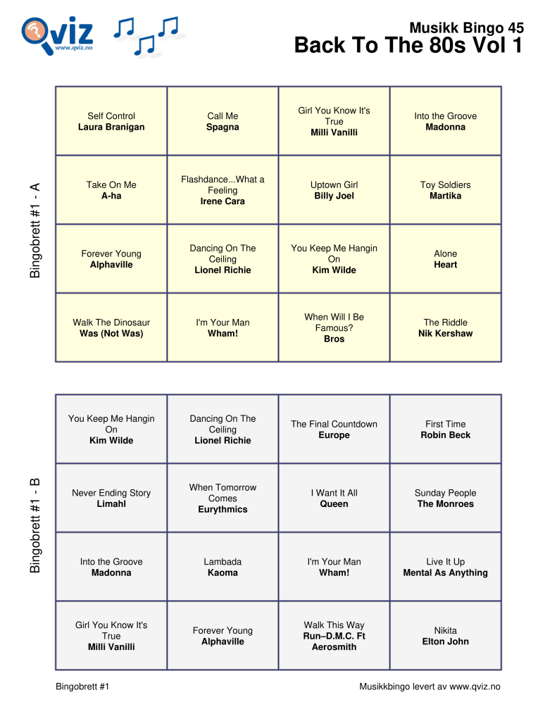 Eksempel musikk bingo 45 bingobrett (ny versjon)