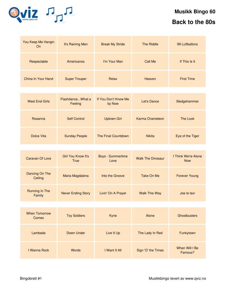 Eksempel musikk bingo 60 bingobrett (ny versjon)