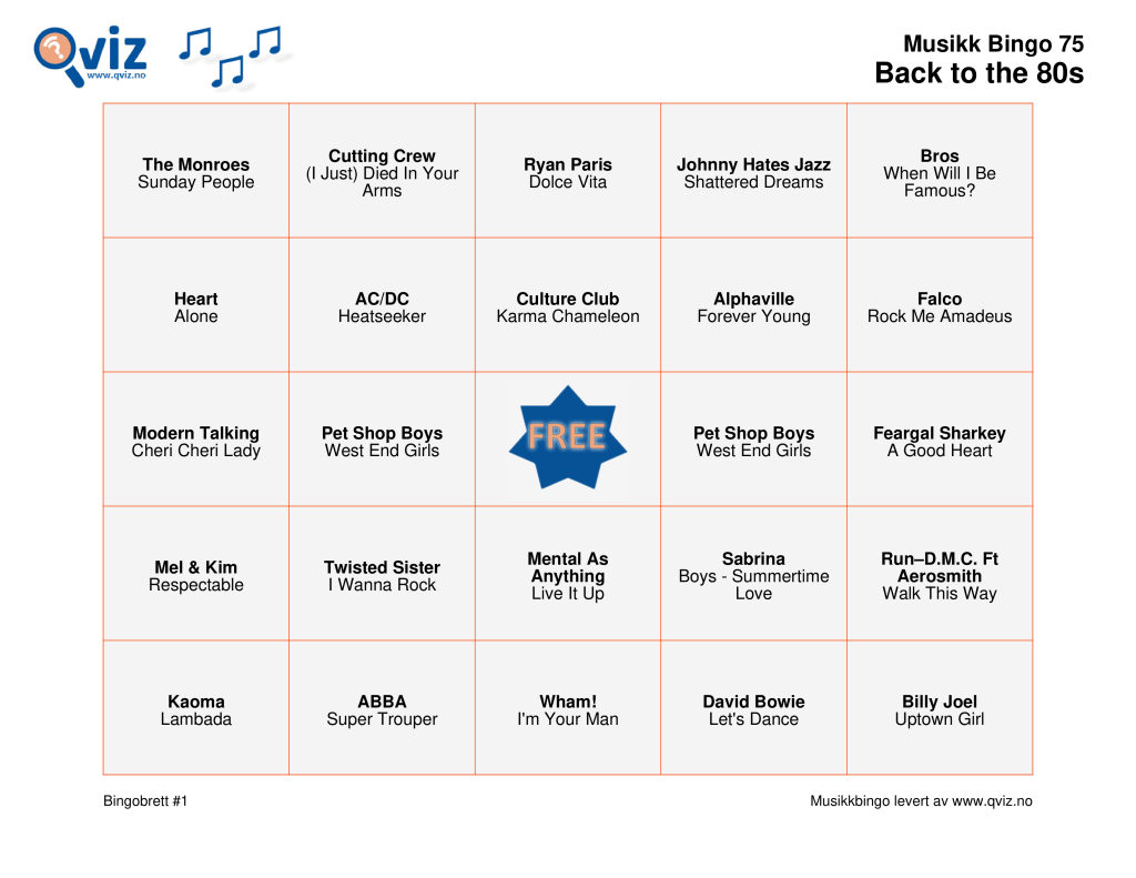 Eksempel musikk bingo 75 bingobrett (ny versjon)
