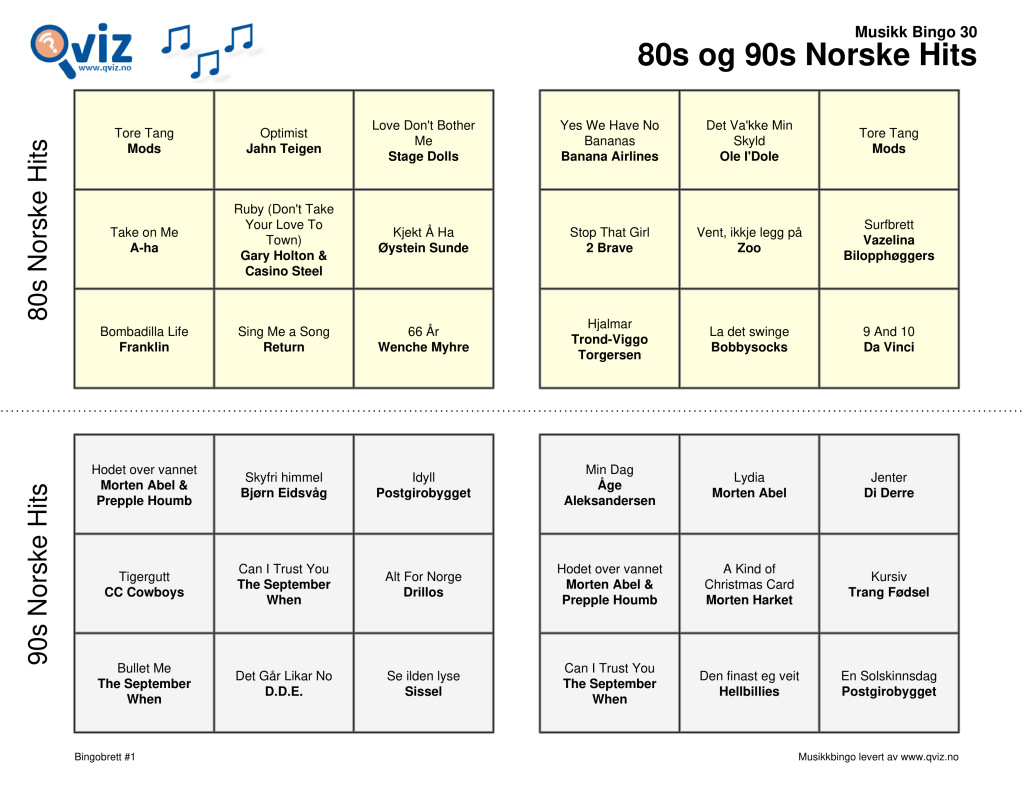 Eksempel musikk bingo 30 2i1 bingobrett (ny versjon)