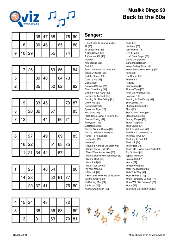 Eksempel musikk bingo 90 bingobrett (ny versjon)