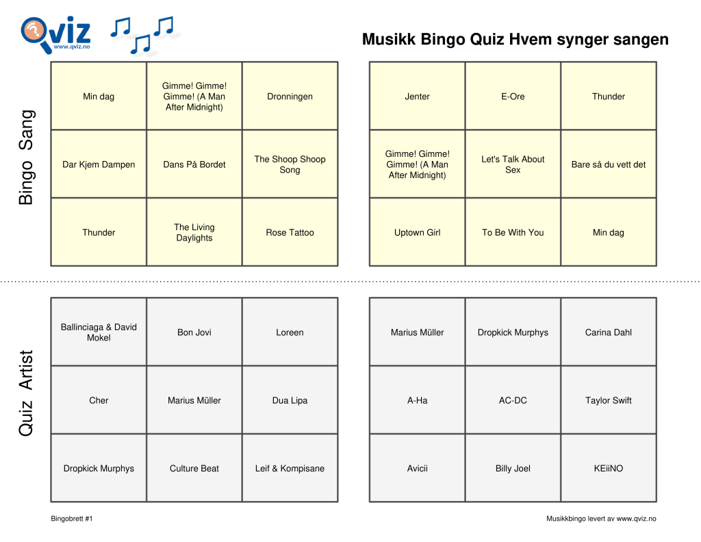 Eksempel musikk bingo quiz 2 bingobrett (ny versjon)