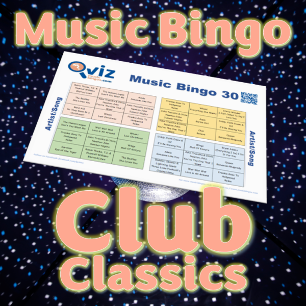 Musikk bingo med noen av de største club klassikerne fra tiden da diskotek og club var populært. PDF fil med 100 bingobrett og link til Spotify spilleliste.
