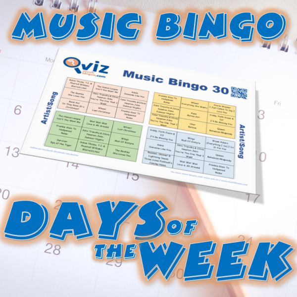 Her får du servert sanger som alle har en av ukedagene i tittelen som musikk bingo. PDF fil med 100 bingobrett og link til Spotify spilleliste.