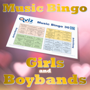 Musikk bingo med fokus på jente- og gutteband. Inkluderer sanger fra de største bandene. PDF fil med 100 bingobrett og link til Spotify spilleliste.