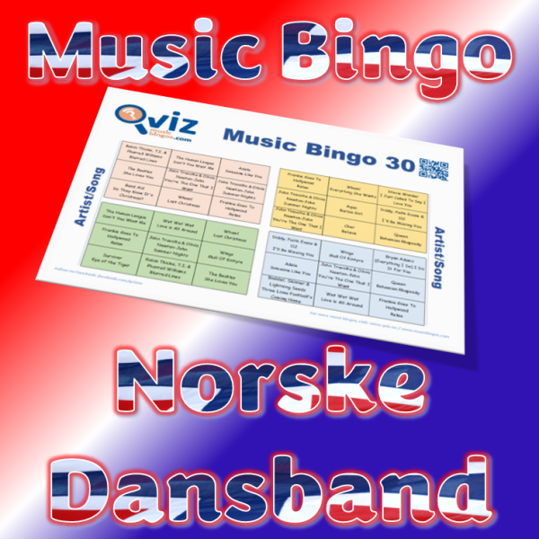 Musikk bingo med 30 norske dansband klassikere fra de største norske dansband artistene. PDF fil med 100 bingobrett og link til Spotify spilleliste.