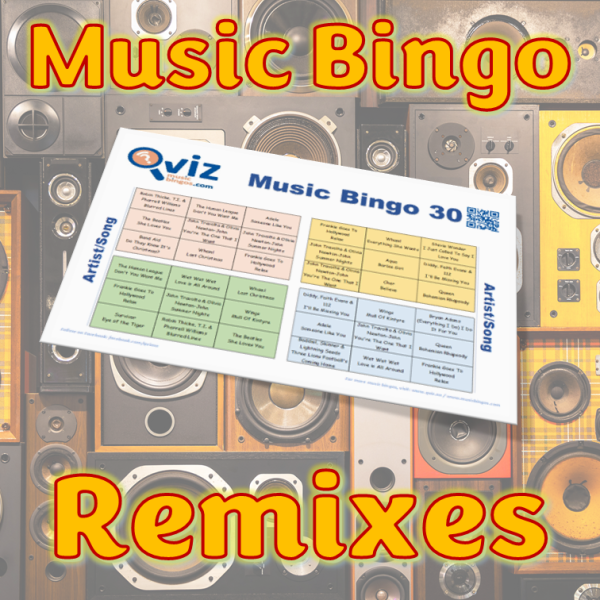 Musikk bingo med remixer av kjente sanger fra hitlistene de siste årene. Du får med PDF fil med 100 bingobrett og link til Spotify spilleliste.
