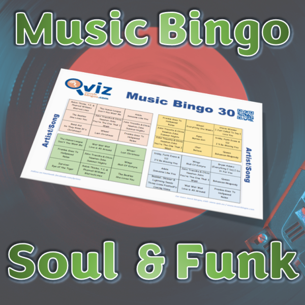 Musikk bingo med noen av de største funk og soul klassikerne som setter den gode stemningen. PDF fil med 100 bingobrett og link til Spotify spilleliste.