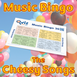 Musikk bingo med 30 cheesy sanger. En bingo med skikkelig feelgood faktor. Du får med PDF fil med 100 bingobrett og link til Spotify spilleliste.