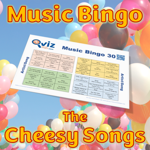 Musikk bingo med 30 cheesy sanger. En bingo med skikkelig feelgood faktor. Du får med PDF fil med 100 bingobrett og link til Spotify spilleliste.