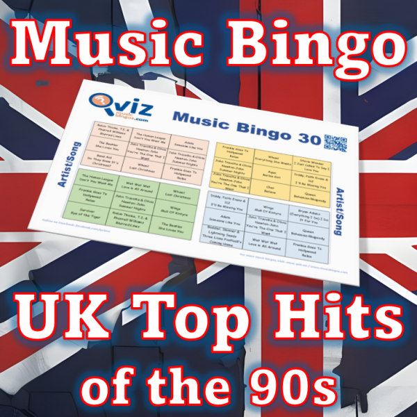Gjør deg klar til å gjenoppleve musikkens største epoke med vårt "UK Top Hits of the 90s" musikkbingospill! De mest solgte 90-tallssangene i Storbritannia.